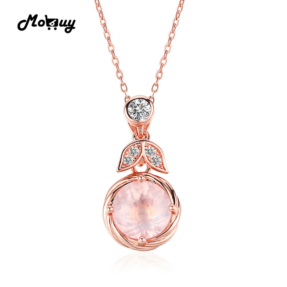 MBNI011 Pink Natural Gemstone Rose Quartz Flower Necklace&Pendant 925 Sterling Silver Rose Gold Plated Fine Jewelry Chain