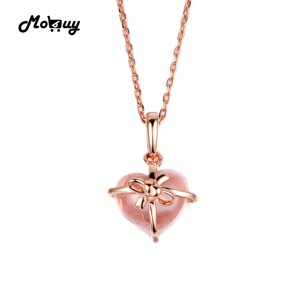 MBNI016 Heart Cut Natural Gemstone Rose Quartz Bow Necklaces & Pendants Sterling Silver 925 Jewelry Gold Plated For Women