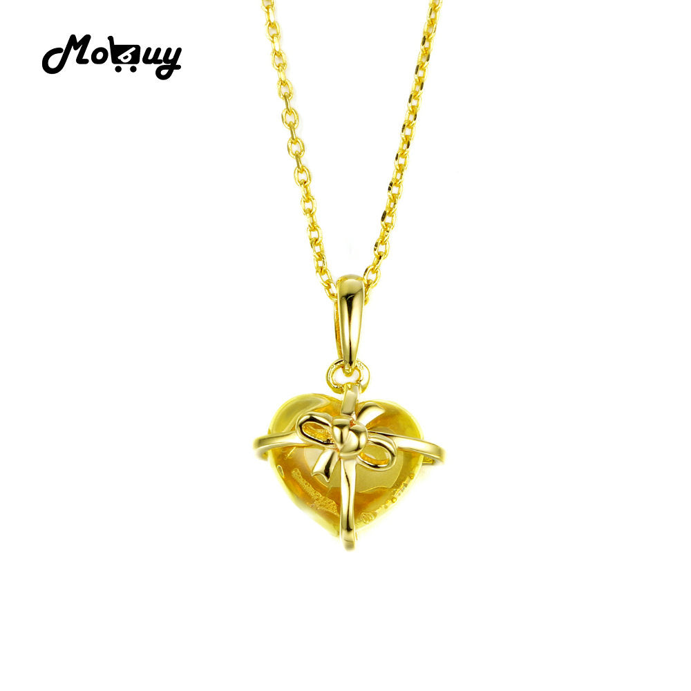 MBNI017 Heart Cut Natural Gemstone Citrine Bow Necklaces & Pendants 925 Sterling-Silver-Jewelry 14K Yellow Gold Plated