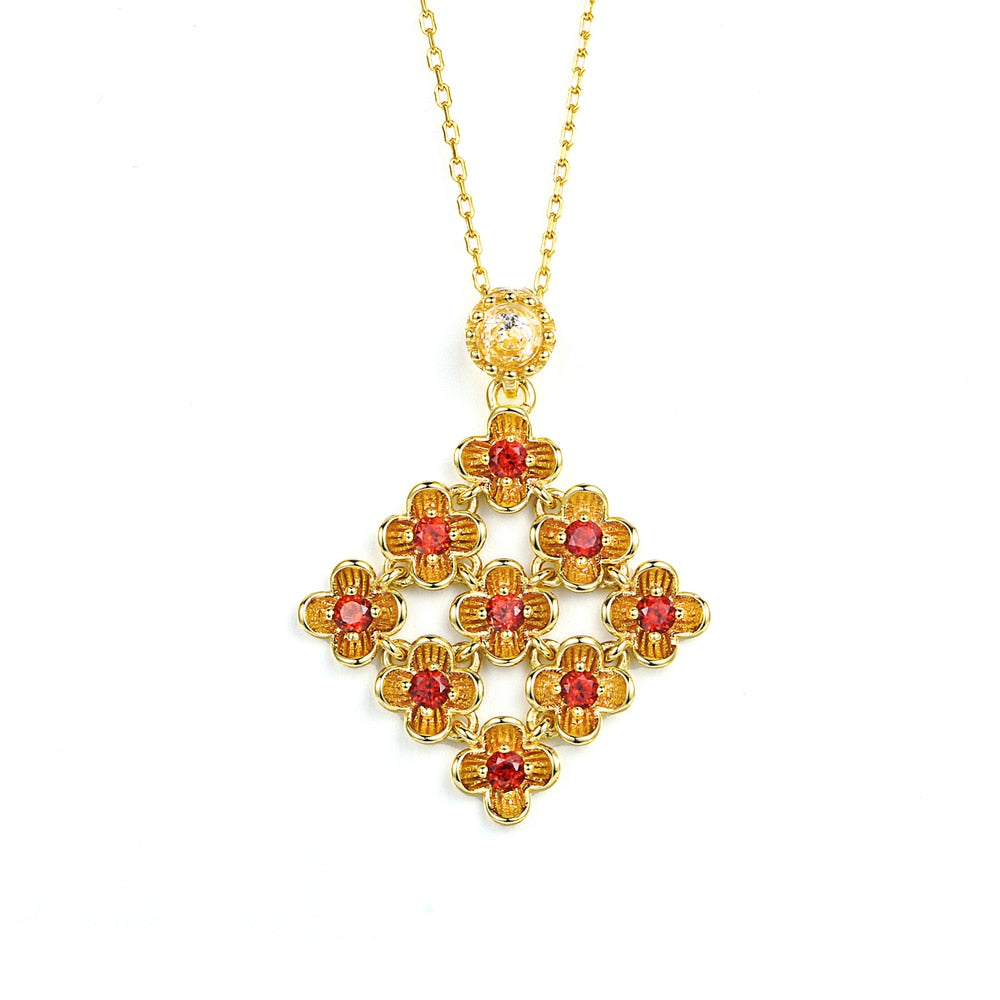 MBNI029 Flower Natural Gemstone Red Garnet Weddding Necklaces & Pendant 925 Sterling-Silver-Jewelry 14K Yellow Gold Plated