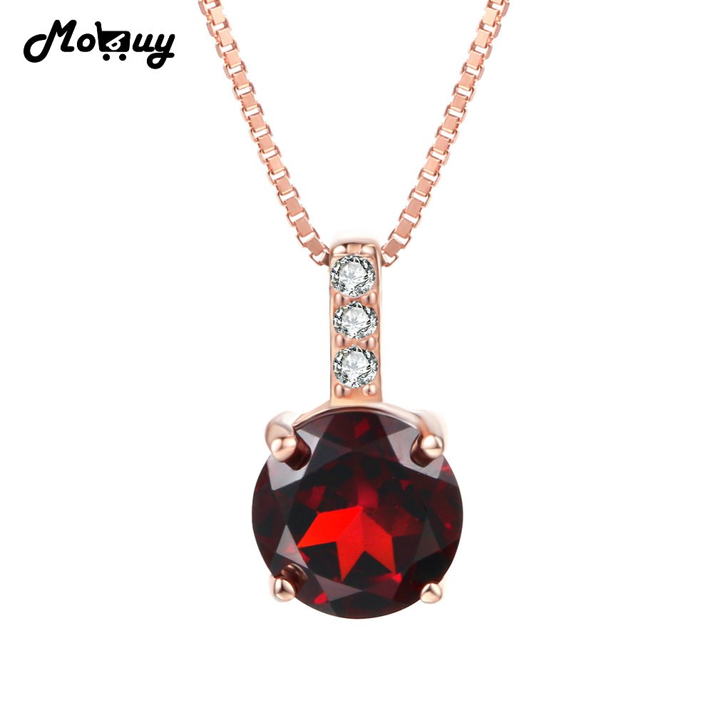 MBNI040 Classic Round Natural Gemstone Red Garnet Necklace & Pendant 925 Sterling Silver Rose Gold Wedding Fine Jewelry
