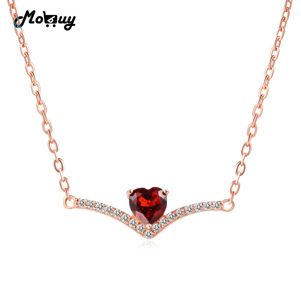 MBNI044 Natural Gemstone Romantic Red Heart Garnet Necklace & Pendant 925 Sterling Silver Rose Gold Party Fine Jewelry