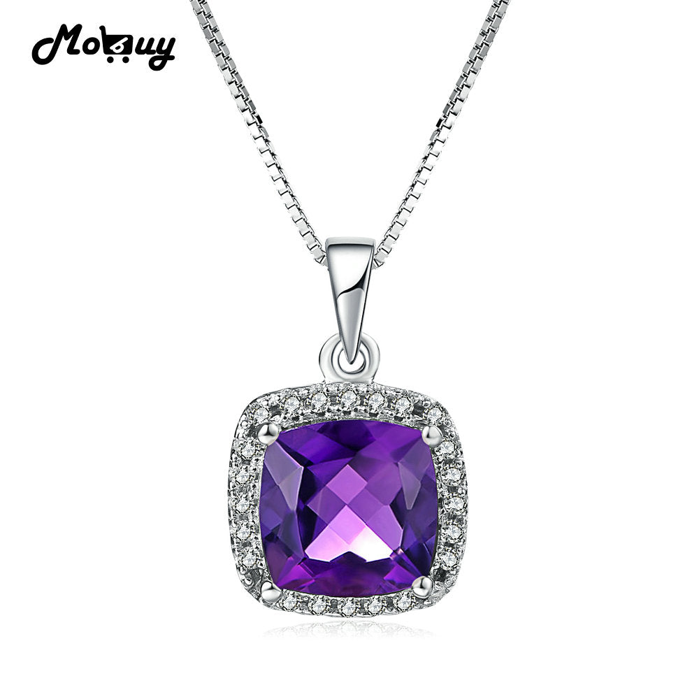MBNI045 Classic Gemstone Square Amethyst Necklaces & Pendants 925 Sterling-Silver-Jewelry White Gold Plated Fine Jewelry