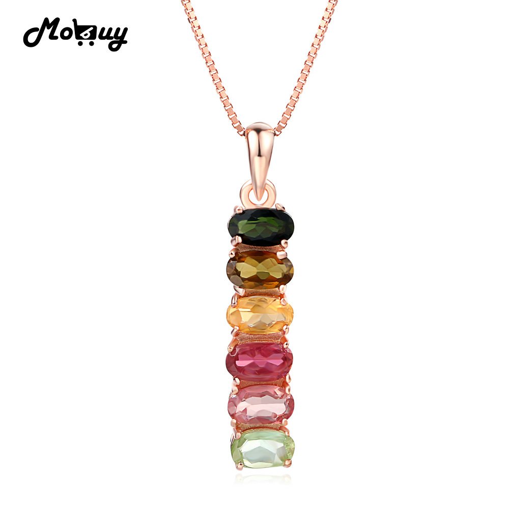 MBNI048 Multicolor Six Stones Natural Gemstone Tourmaline Necklace & Pendant 925 Sterling Silver Rose Gold Plated Jewelry
