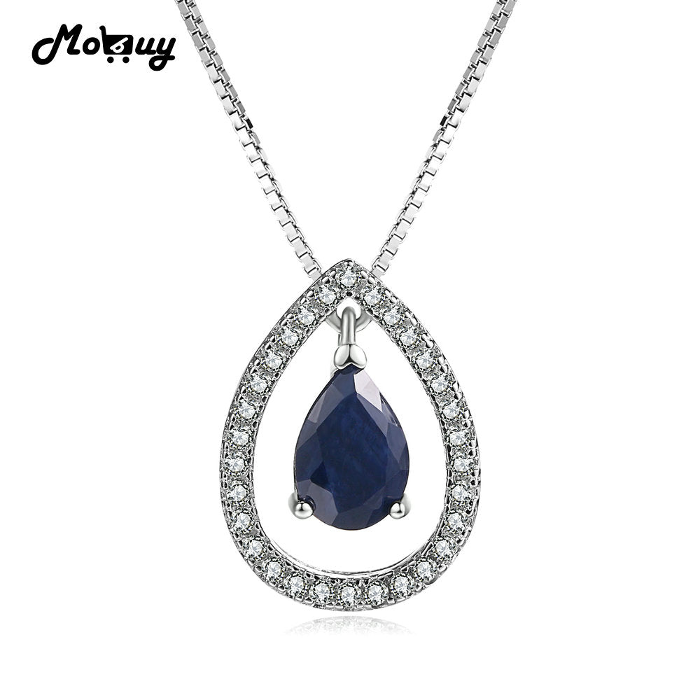 MBNI059 Luxury Natural Gemstone Teardrop Sapphire Necklace & Pendant 925 Sterling Silver Box Chain Fine Jewelry For Women