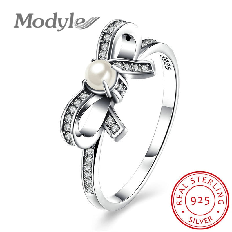 925 Sterling Silver Delicate Sentiments Finger Ring with White Simulated Pearl & Clear CZ Original Engagement Ring