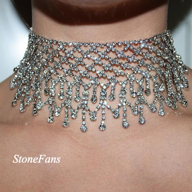 Multilayers Tassel Rhinestone Choker Statement Necklaces For Women Chockers 2021 Collar Jewelry Party Wedding Necklace