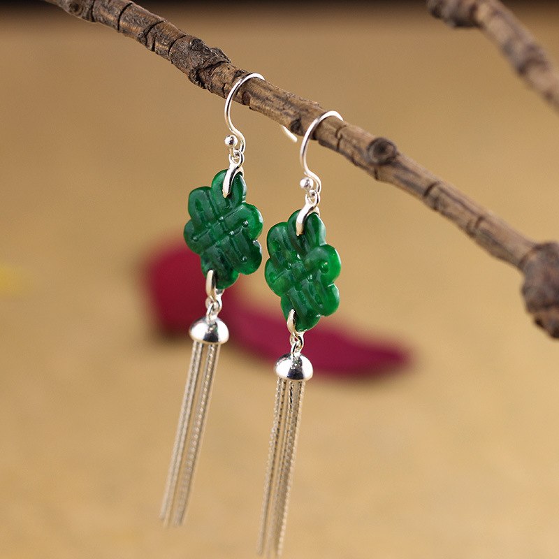 Natural Jade Long Drop Tassels Earrings For Women Ornaments Atmospheric Chinese Knot National Wind Ms Tassels Eardrop Tielong