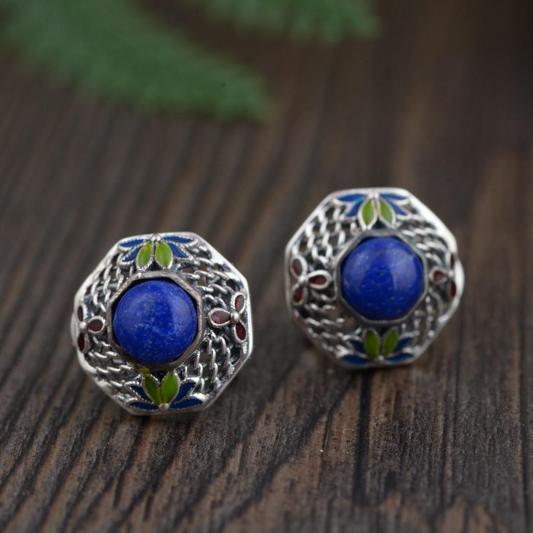 Natural Lapis Lazuli Clip Earrings 925 Silver Sterling Enameling Flowers Earrings For Women Vintage Style