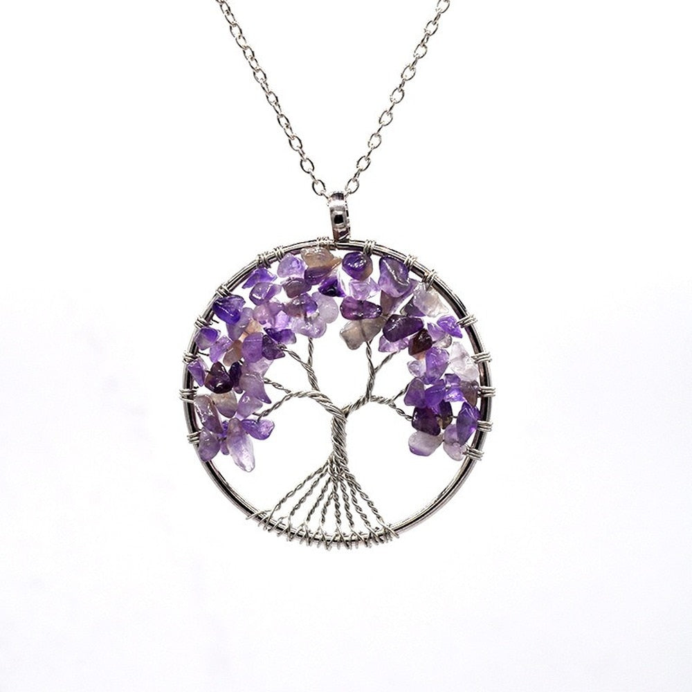 Natural Stone Tree of Life Pendant Necklace 7 Chakra Handmade Color Quartz  Crystal Necklace Pendant Wedding Jewelry for Women