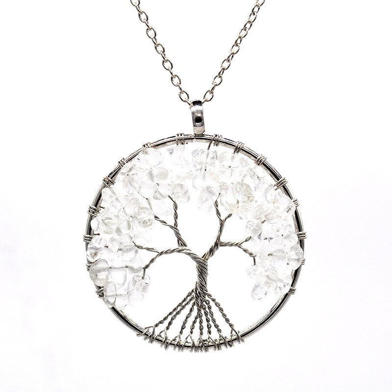 Natural Stone Tree of Life Pendant Necklace 7 Chakra Handmade Color Quartz  Crystal Necklace Pendant Wedding Jewelry for Women