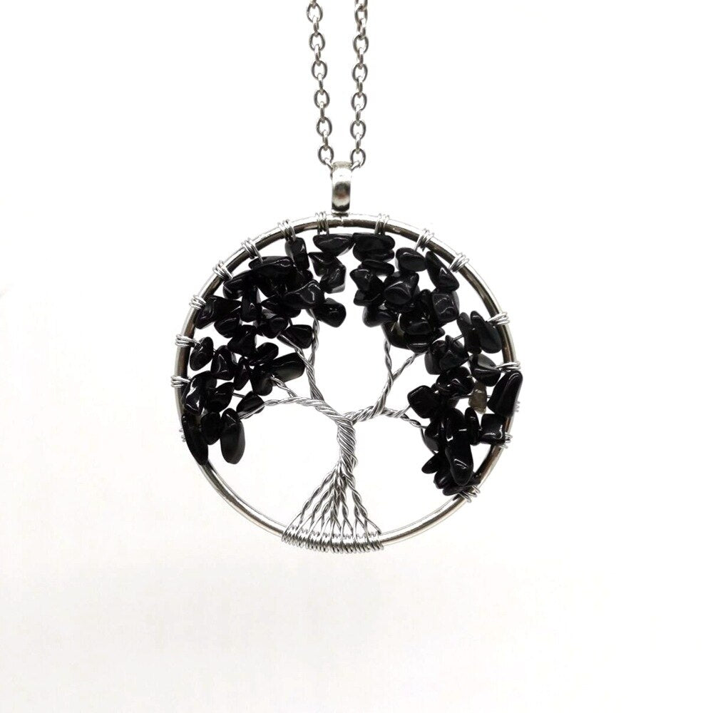 Natural Stone Tree of Life Pendant Necklace 7 Chakra Handmade Color Quartz  Crystal Necklace Pendant Wedding Jewelry for Women