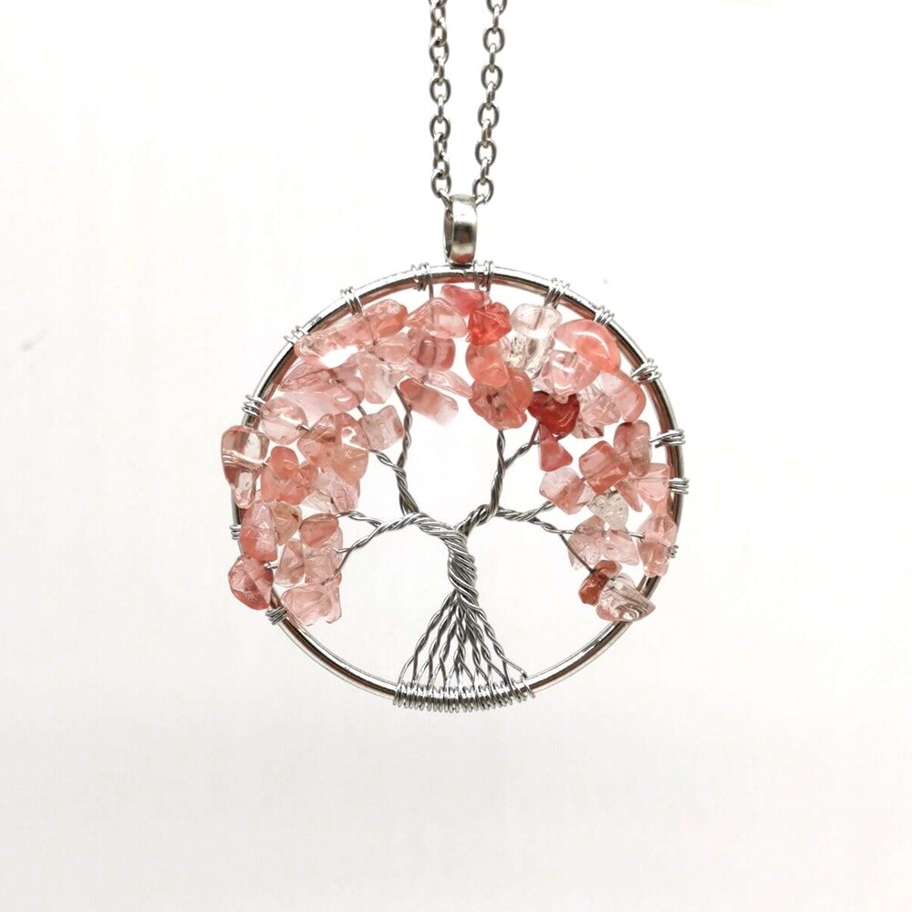 Natural Stone Tree of Life Pendant Necklace 7 Chakra Handmade Color Quartz  Crystal Necklace Pendant Wedding Jewelry for Women