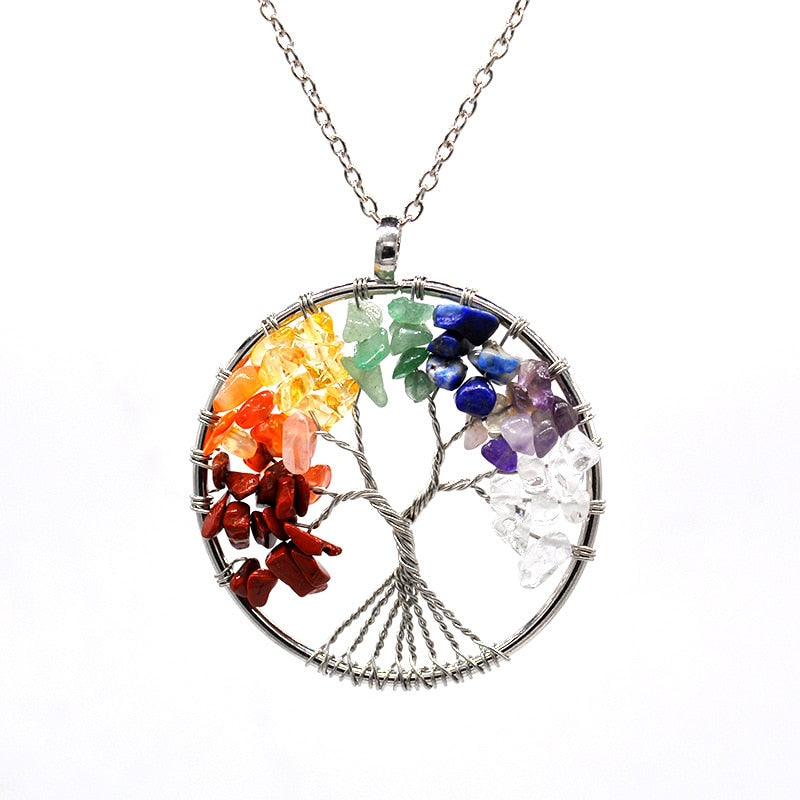Natural Stone Tree of Life Pendant Necklace 7 Chakra Handmade Color Quartz  Crystal Necklace Pendant Wedding Jewelry for Women