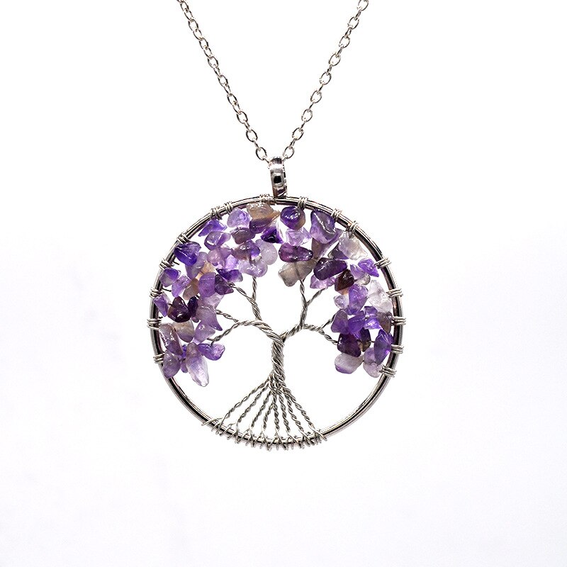 Natural Stone Tree of Life Pendant Necklace 7 Chakra Handmade Color Quartz  Crystal Necklace Pendant Wedding Jewelry for Women