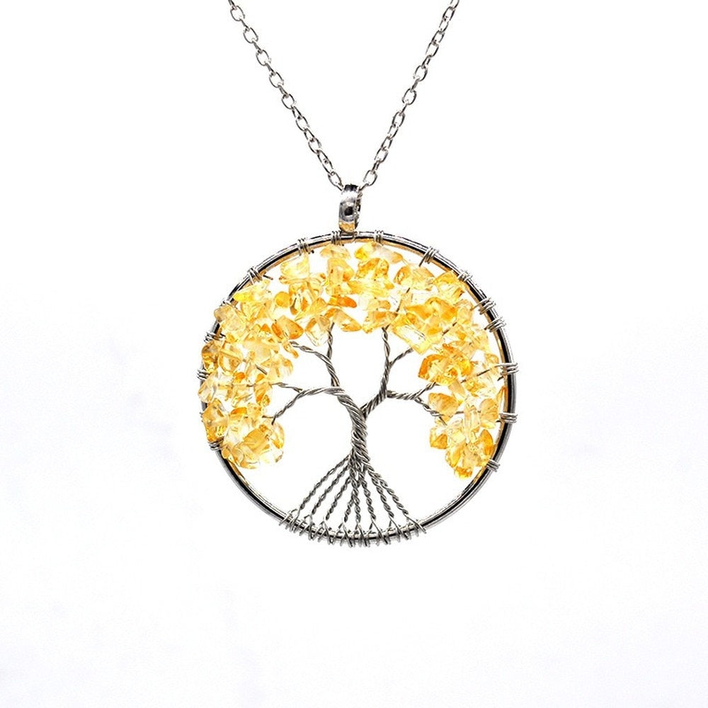 Natural Stone Tree of Life Pendant Necklace 7 Chakra Handmade Color Quartz  Crystal Necklace Pendant Wedding Jewelry for Women
