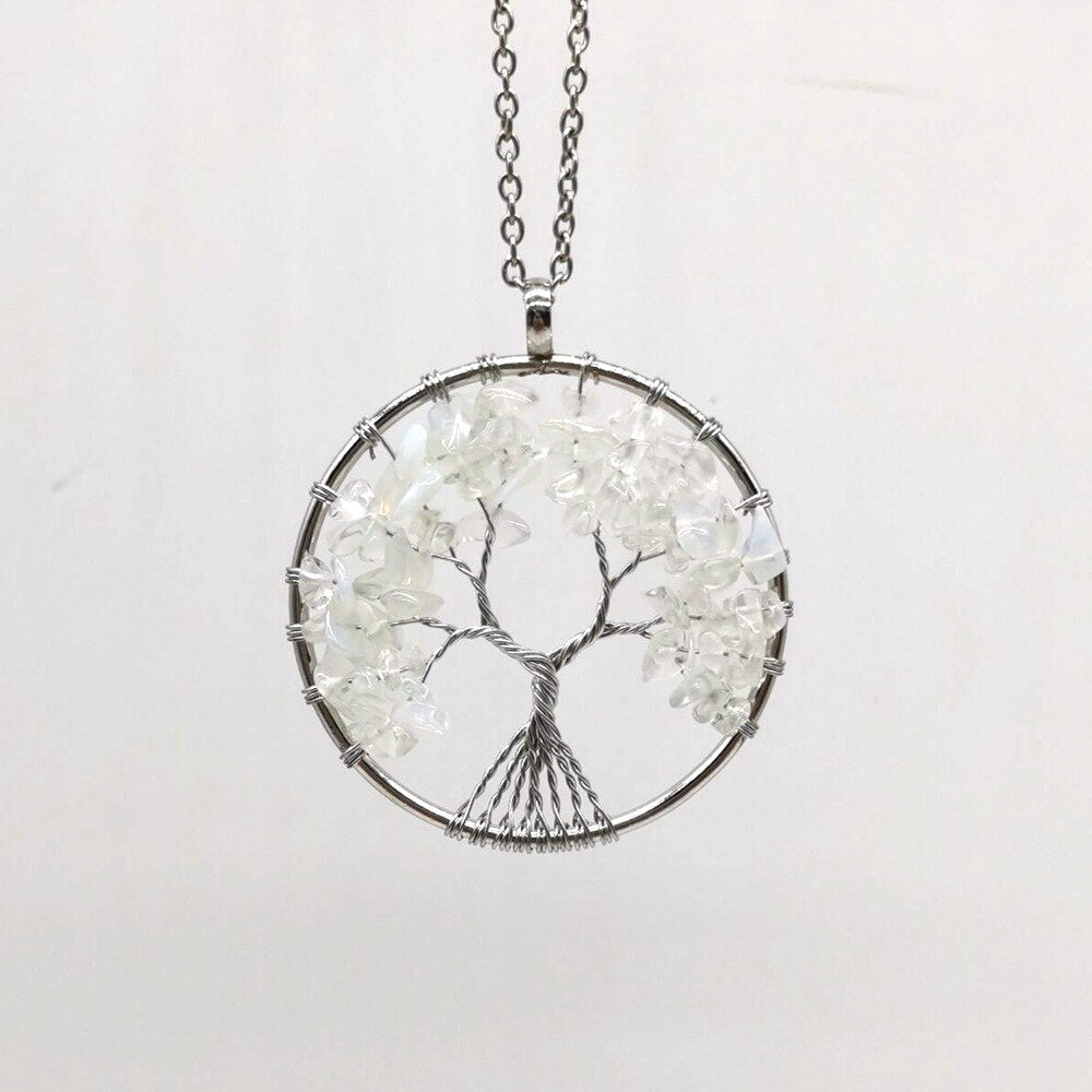 Natural Stone Tree of Life Pendant Necklace 7 Chakra Handmade Color Quartz  Crystal Necklace Pendant Wedding Jewelry for Women