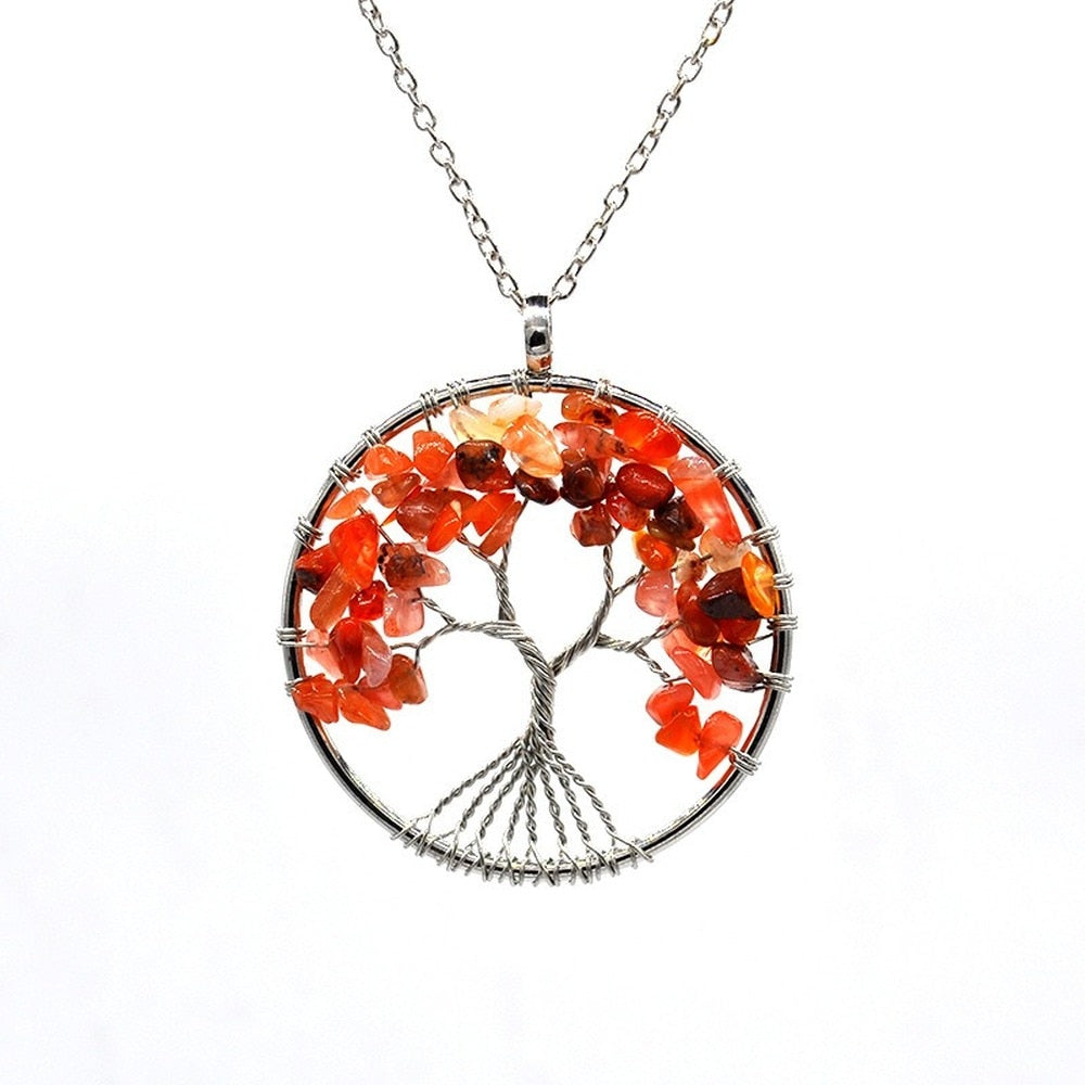 Natural Stone Tree of Life Pendant Necklace 7 Chakra Handmade Color Quartz  Crystal Necklace Pendant Wedding Jewelry for Women