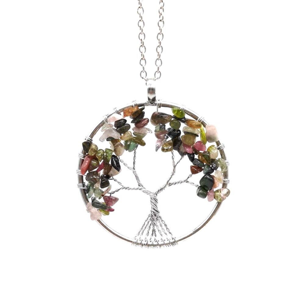 Natural Stone Tree of Life Pendant Necklace 7 Chakra Handmade Color Quartz  Crystal Necklace Pendant Wedding Jewelry for Women