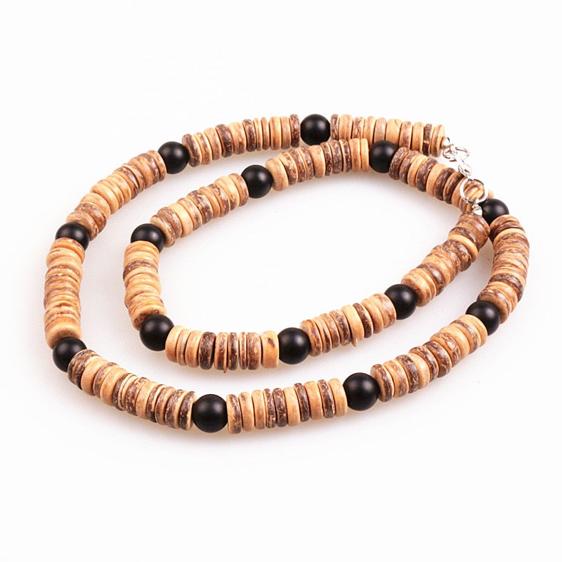 Natural wood bead & 8mm black bead Surfer Necklace for men tribal jewelry