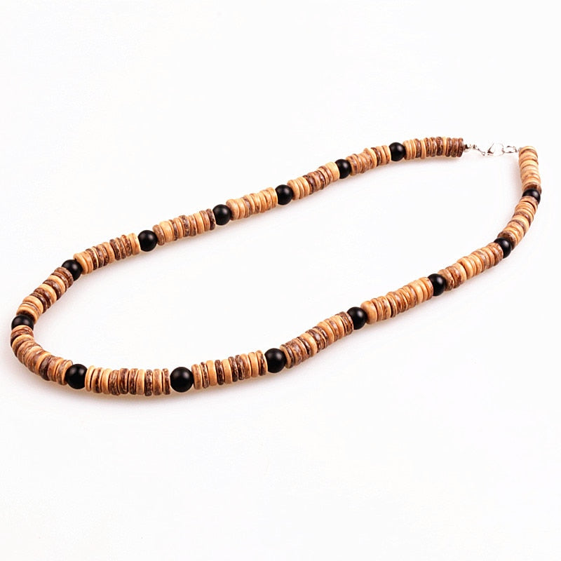 Natural wood bead & 8mm black bead Surfer Necklace for men tribal jewelry