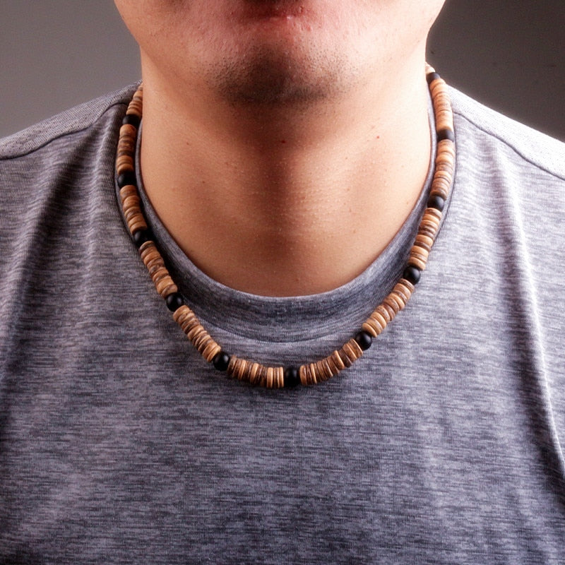 Natural wood bead & 8mm black bead Surfer Necklace for men tribal jewelry