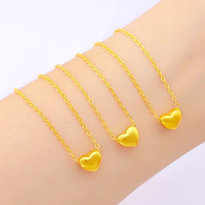 Necklace for Women Wedding Engagement Jewelry Pure Gold Color 45cm 18'' Matte Love Heart Pendant Clavicle Chain Chocker