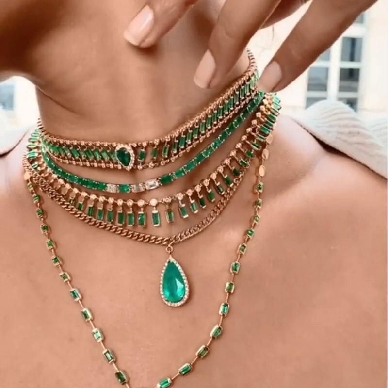 Arrived Geometric White Green Cz Square Beaded Necklace With Square Cz Paved Women Girl Classic Engagement Jewelry