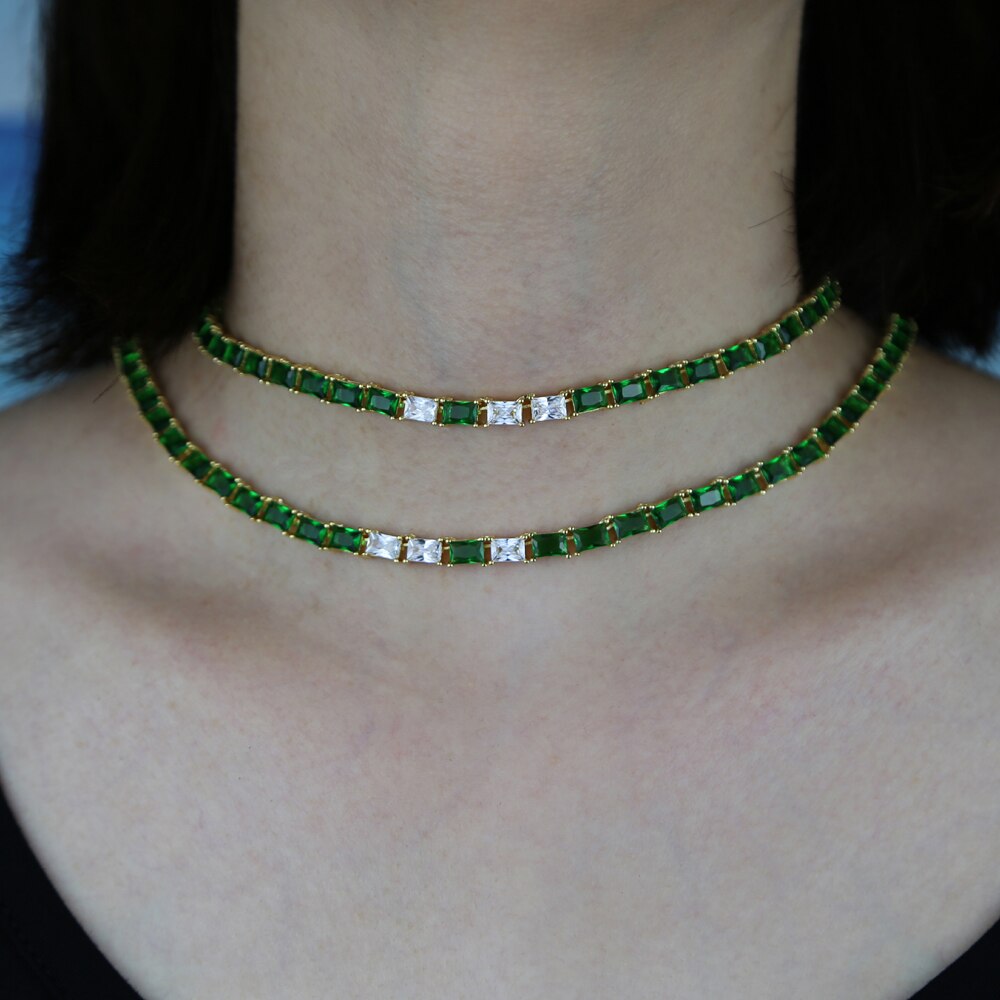 Arrived Geometric White Green Cz Square Beaded Necklace With Square Cz Paved Women Girl Classic Engagement Jewelry