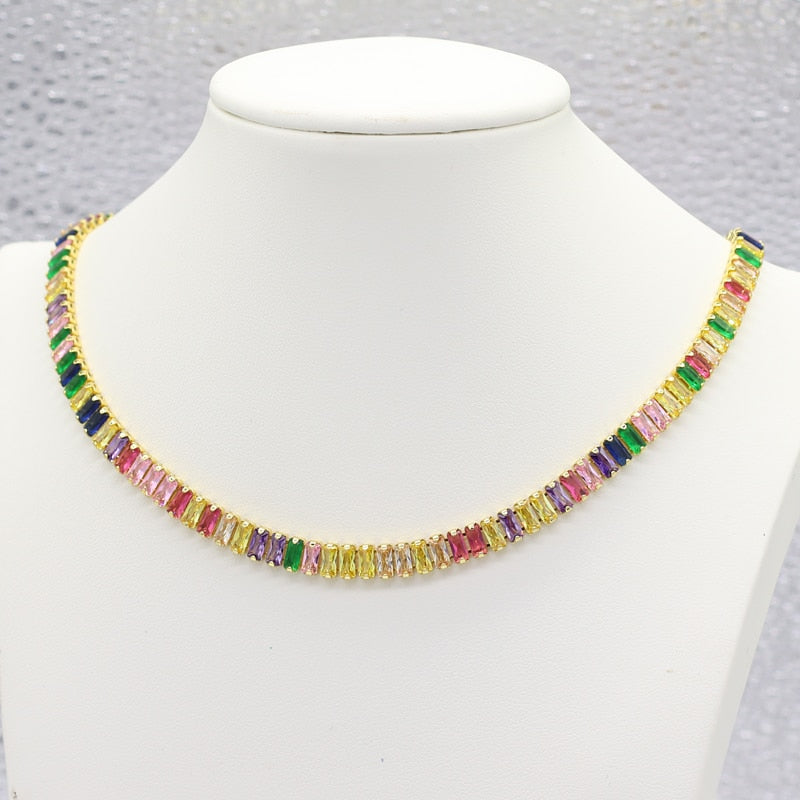 Arrived Gold Filled Choker Necklace Rainbow CZ Wide Tennis Chain Colorful Cubic Zircon Charm collar jewellery bijoux femme