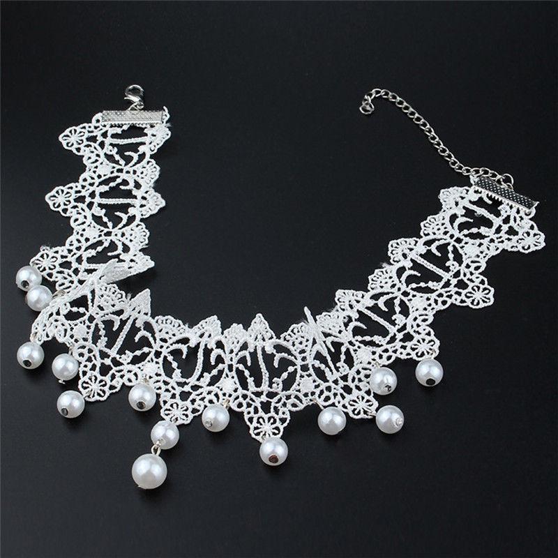 Elegant Vintage Imitation Pearl White Lace Statement Choker Necklaces Bridal Jewelry For Women Wedding