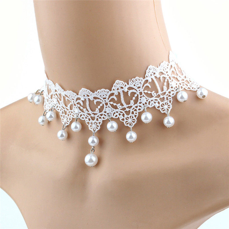 Elegant Vintage Imitation Pearl White Lace Statement Choker Necklaces Bridal Jewelry For Women Wedding