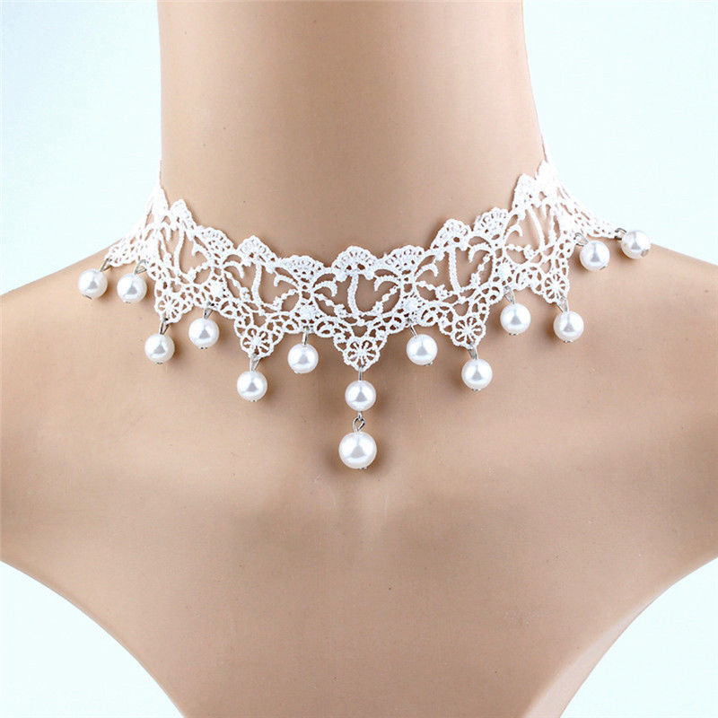 Elegant Vintage Imitation Pearl White Lace Statement Choker Necklaces Bridal Jewelry For Women Wedding