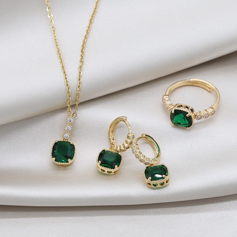 Jewelry Exquisite Copper Set Zircon Square Green Pendant Ring Earring Necklace Elegant Women Prom Party Accessories