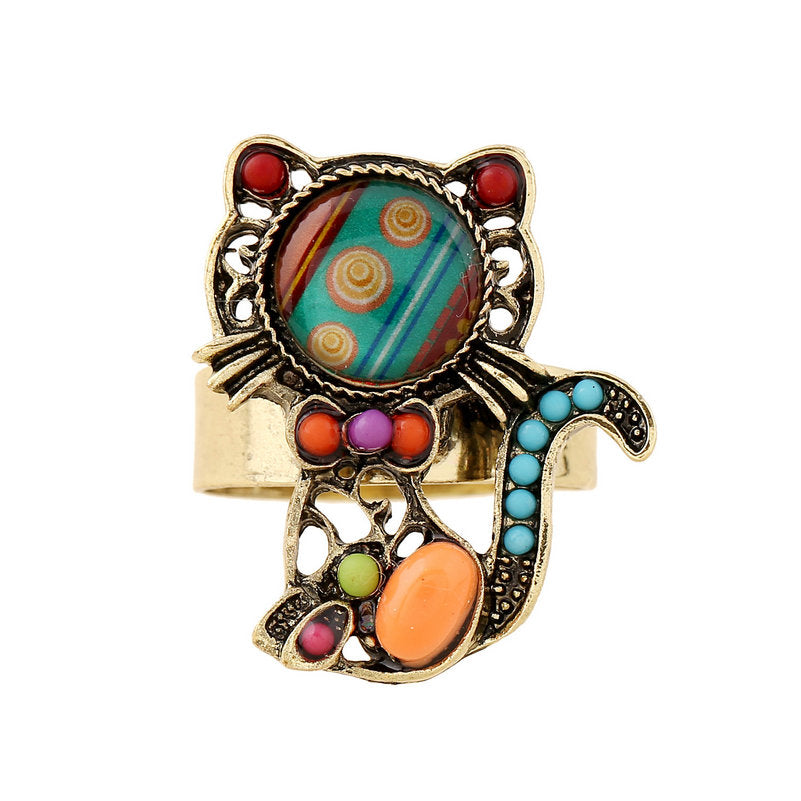 New Fashion Jewelry Lovely Gold Color with Colorful Acrylic Bead Finger Cute Cat Design Animal Rings for Women Punk Accessories
