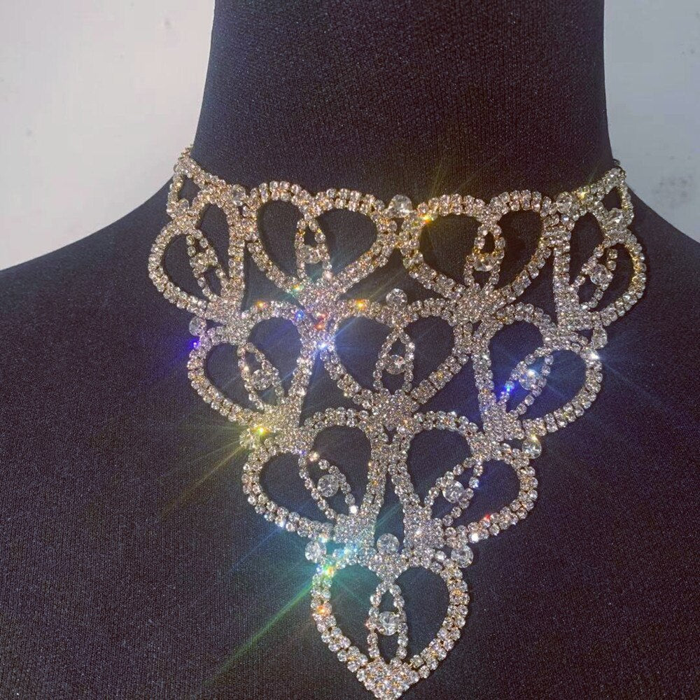 Rhinestone Heart Collar Necklace Jewelry for Girl Chunky Statement Big Bib Choker Necklace Collier Neck Accessories