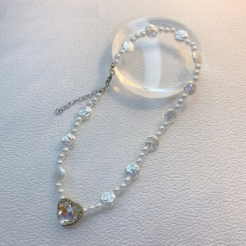 Sweet Irregular Geometric Pearl Heart Crystal Rhinestone Pendant Shining Necklace For Women Jewelry Bride Wedding