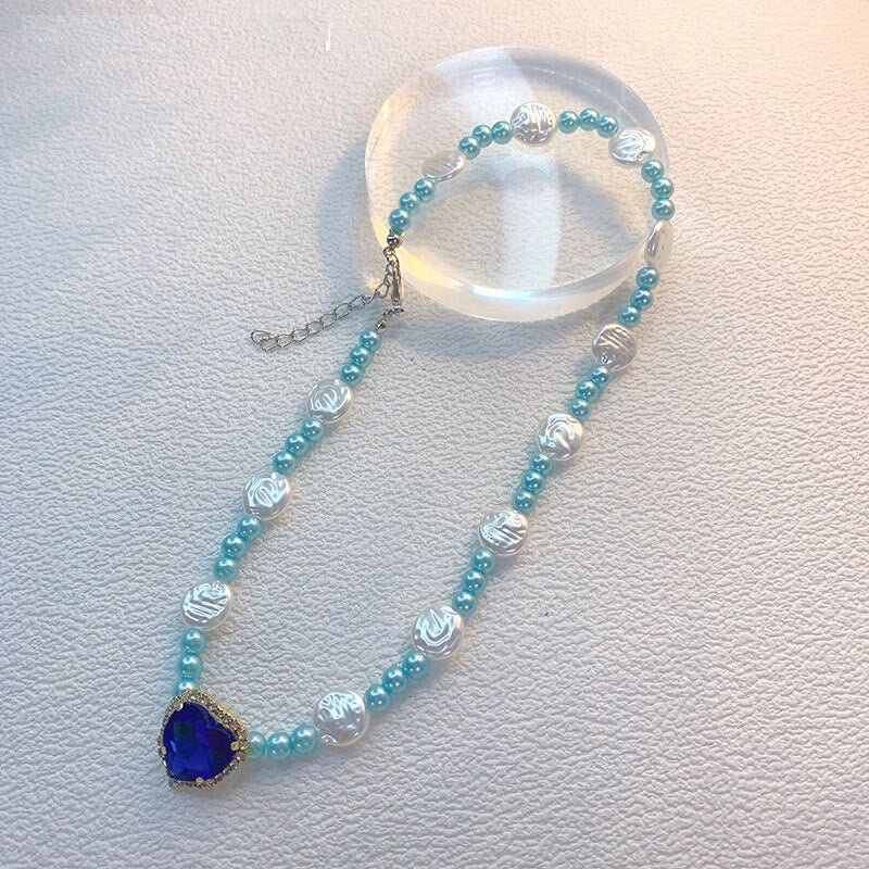 Sweet Irregular Geometric Pearl Heart Crystal Rhinestone Pendant Shining Necklace For Women Jewelry Bride Wedding