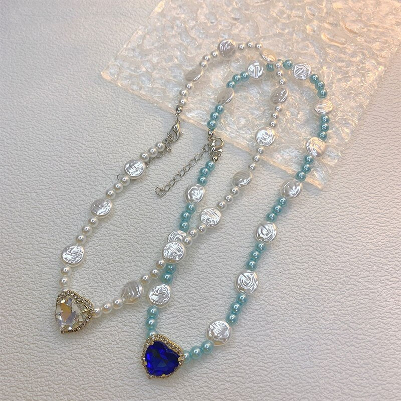 Sweet Irregular Geometric Pearl Heart Crystal Rhinestone Pendant Shining Necklace For Women Jewelry Bride Wedding