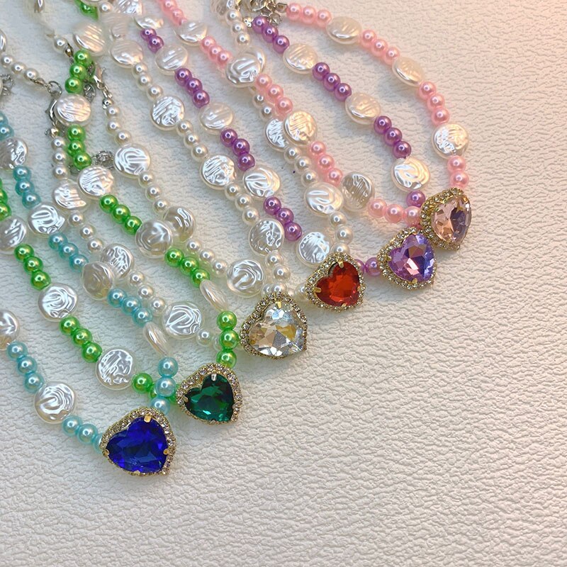 Sweet Irregular Geometric Pearl Heart Crystal Rhinestone Pendant Shining Necklace For Women Jewelry Bride Wedding