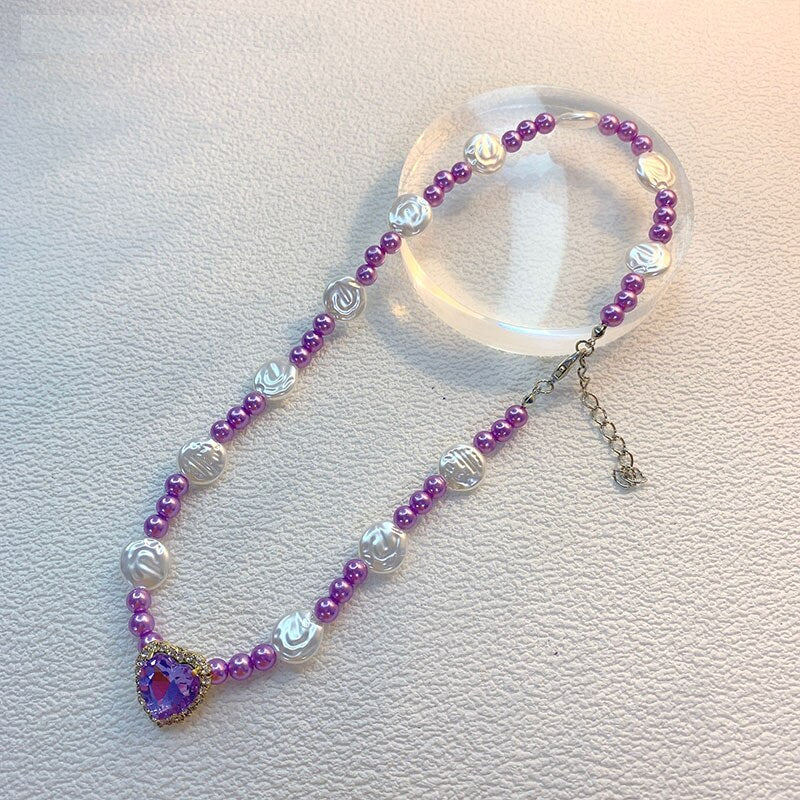 Sweet Irregular Geometric Pearl Heart Crystal Rhinestone Pendant Shining Necklace For Women Jewelry Bride Wedding