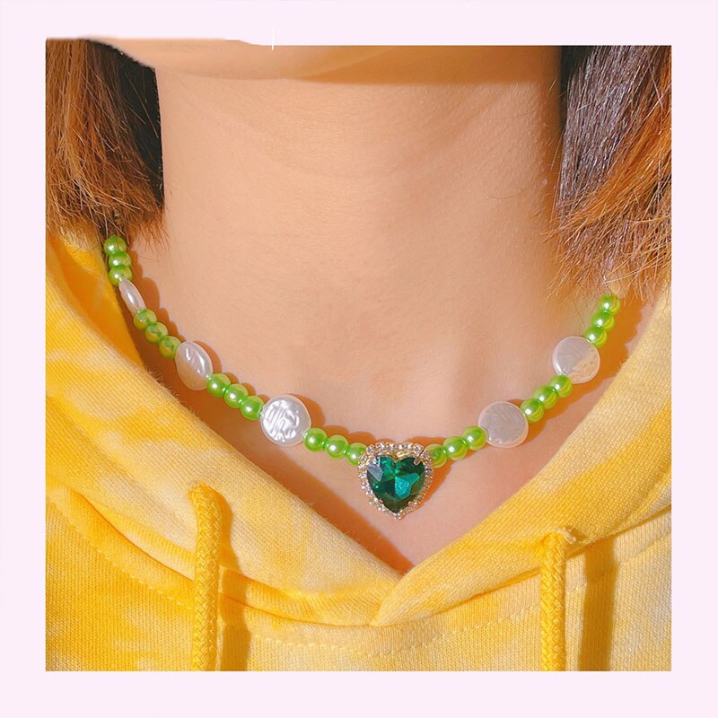 Sweet Irregular Geometric Pearl Heart Crystal Rhinestone Pendant Shining Necklace For Women Jewelry Bride Wedding