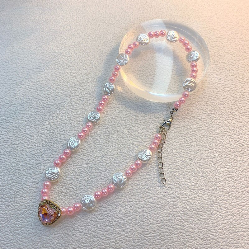 Sweet Irregular Geometric Pearl Heart Crystal Rhinestone Pendant Shining Necklace For Women Jewelry Bride Wedding