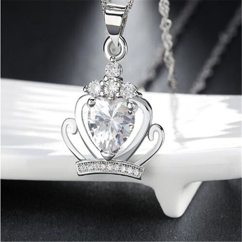 Classic Royal Purple Crown Shape Pendant Necklace With Crystal Women Silver Color Necklaces Wedding Jewelry