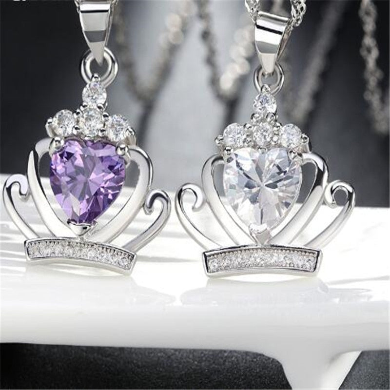 Classic Royal Purple Crown Shape Pendant Necklace With Crystal Women Silver Color Necklaces Wedding Jewelry