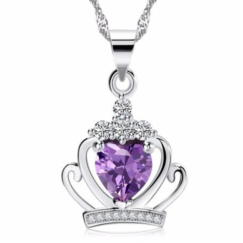 Classic Royal Purple Crown Shape Pendant Necklace With Crystal Women Silver Color Necklaces Wedding Jewelry