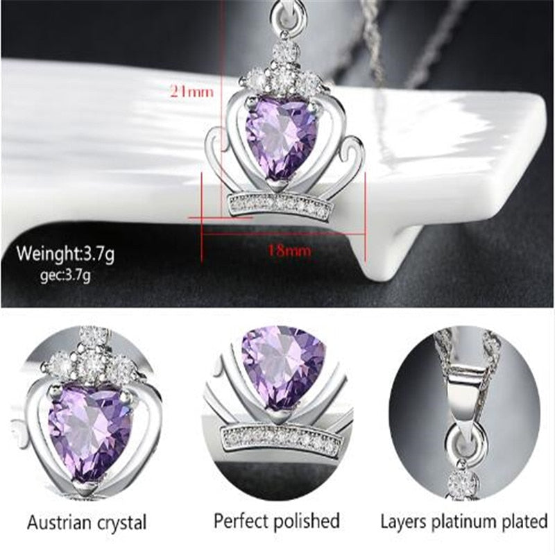 Classic Royal Purple Crown Shape Pendant Necklace With Crystal Women Silver Color Necklaces Wedding Jewelry