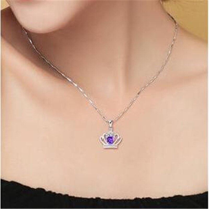 Classic Royal Purple Crown Shape Pendant Necklace With Crystal Women Silver Color Necklaces Wedding Jewelry