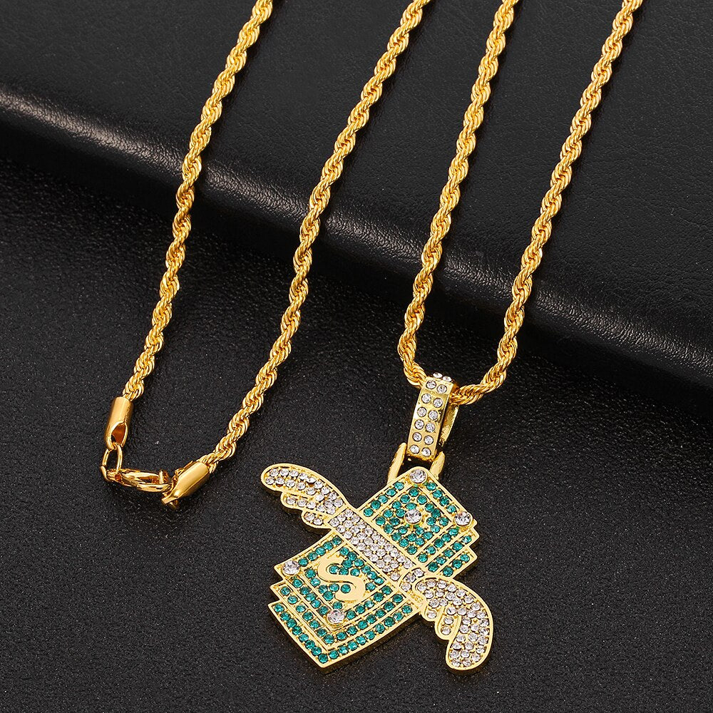 Iced Out Flying Cash Money Solid Pendant Necklace Women Men Hip Hop Gold Color Charm Chains Necklaces Jewelry Gifts