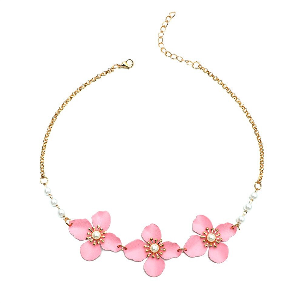 Korean Gold Pink Flower Daisy Pearls Clavicle Necklaces for Women Girls Bohemia Wedding Party Jewelry Flower Pearl Accessory